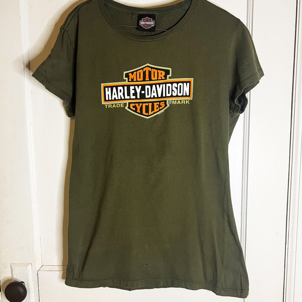 3/$30 Harley Davidson Olive Green Graphic Tee Women’s Medium Biker Logo Shirt
